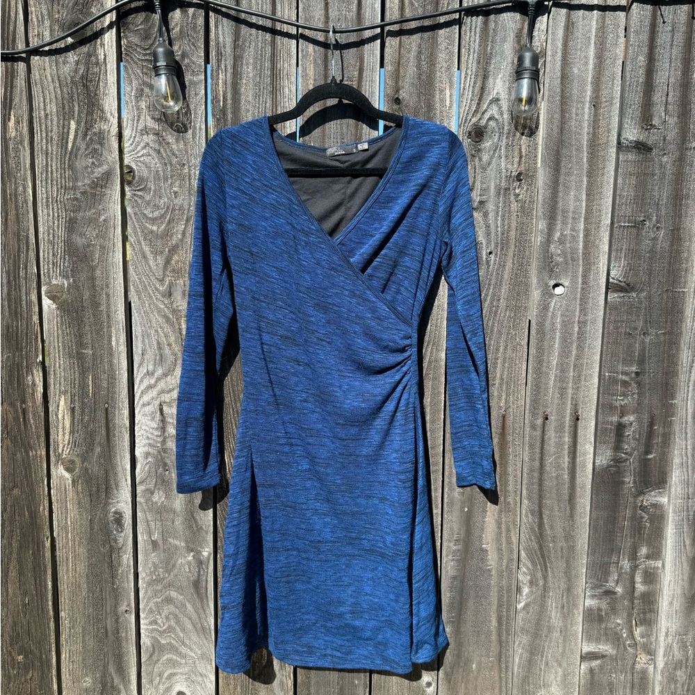 Prana Nadia faux Wrap v neck black and navy blue long sleeve dress size small